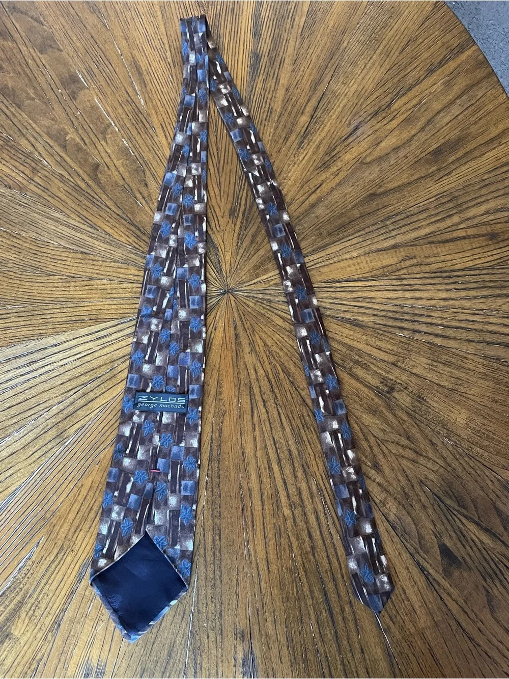 Zylos by George Machado Brown Silk Tie with Blue Floral and Geometric Pattern
